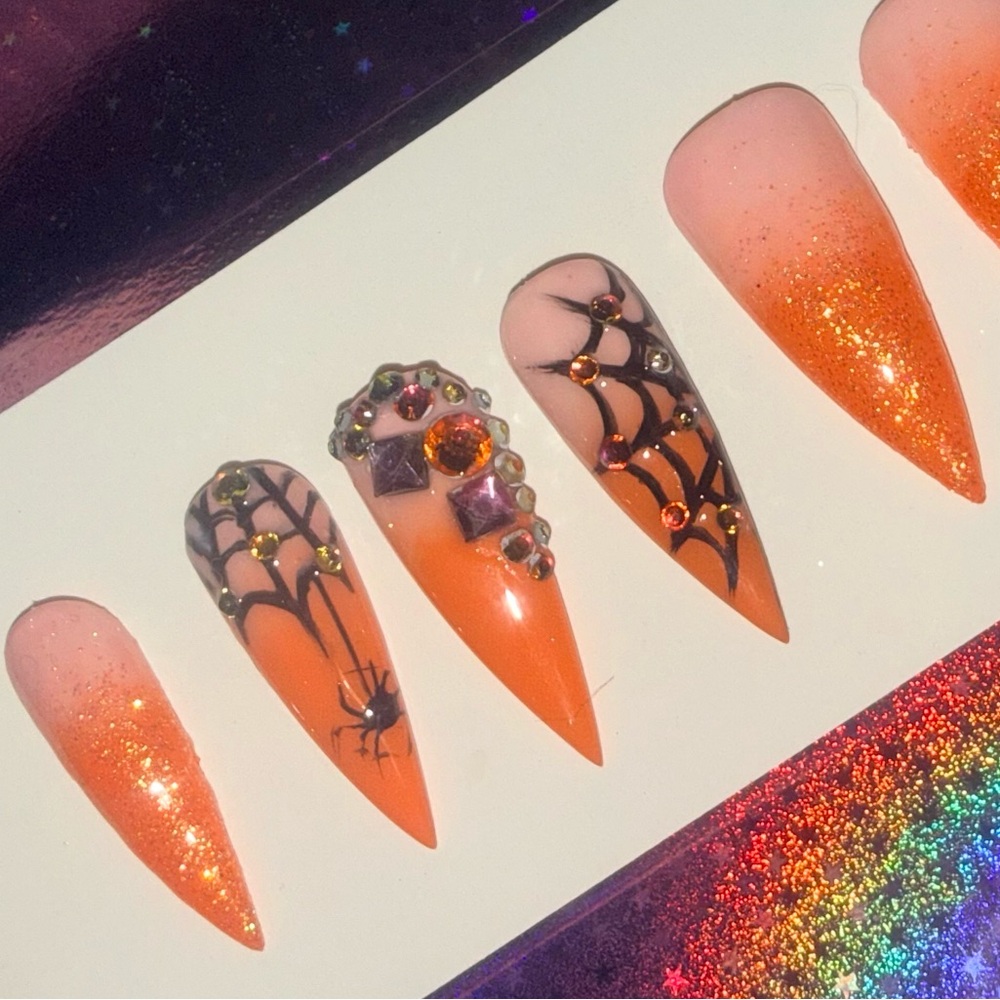 Orange Spider Web Nail Art Set